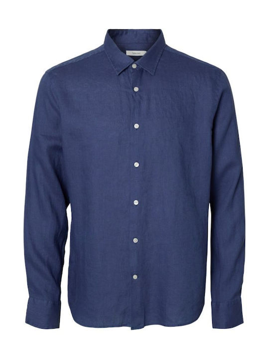 Kylian Long Sleeve Linen Shirt in Regular Fit Navy Blue