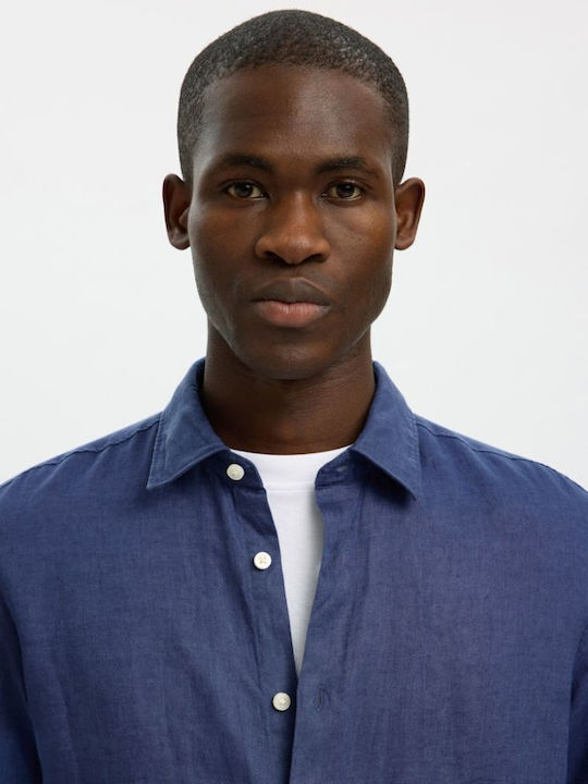 Kylian Long Sleeve Linen Shirt in Regular Fit Navy Blue