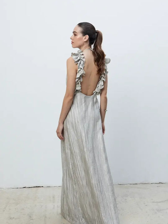 Summer Maxi Evening Dress Open Back with Ruffles Gold