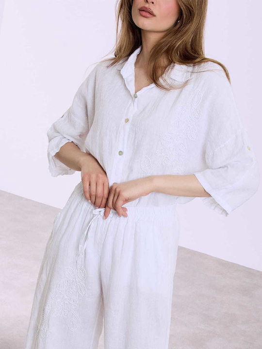 Celestino Women's Shirt Linen Embroidered Detail Loose Fit White