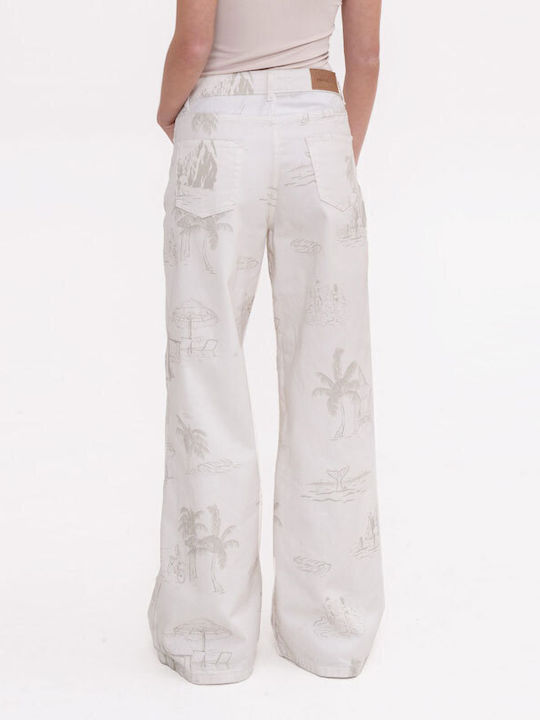 High Rise Women's Jean Pants in Wide Leg Style Ecru