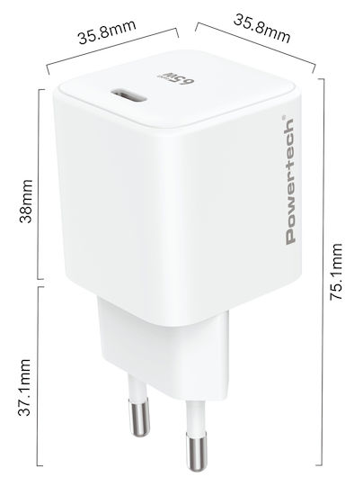 Powertech GaN Handyladegerät mit USB-C Ausgangsanschluss und Kabel USB-C - USB-C 65W Stromlieferung / Schnellladetechnologie 2.0 / Schnellladetechnologie 3.0 Weiß