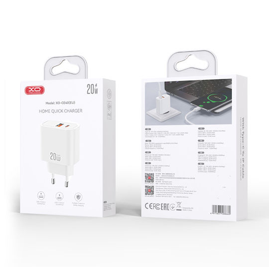 XO GaN Wireless Charger with USB-A Port and USB-C Port 20W Quick Charge 2.0 Quick Charge 3.0 Quick Charge 4.0 White (CE40)