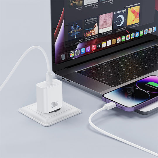 XO GaN Wall Charger Without Cable with USB-C Port 30W Quick Charge 2.0 / Quick Charge 3.0 / Quick Charge 4.0 White (CE41)