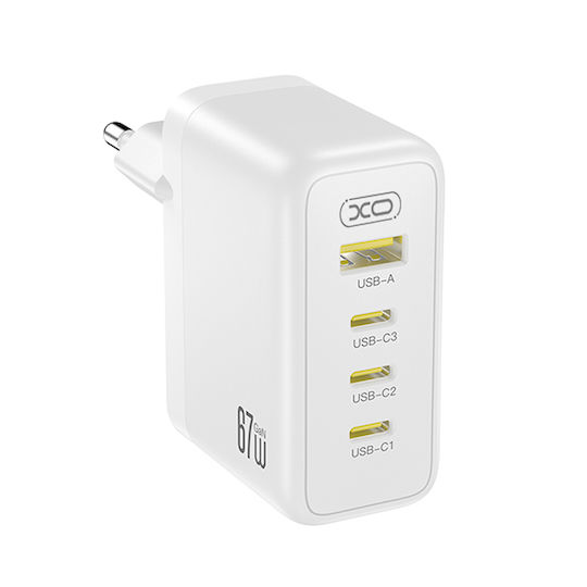 XO GaN Charger Without Cable with USB-A Port and 3 USB-C Ports 67W Quick Charge 3.0 White (CE39)