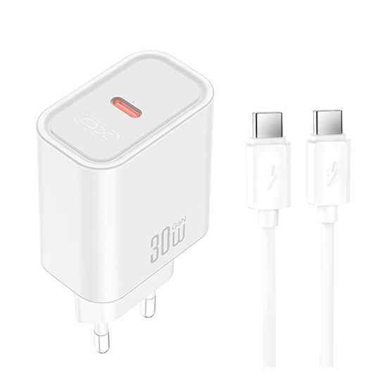XO Зарядно Устройство GaN с USB-C Порт и Кабел USB-C - USB-C 30W Quick Charge 2.0 / Quick Charge 3.0 / Quick Charge 4.0 Бял (CE41)
