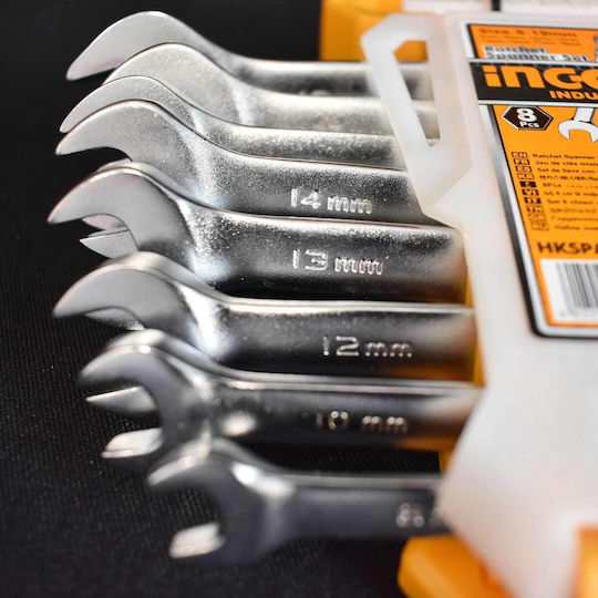Ingco Set of Ratchet Polygon Wrenches with Sizes from 8mm to 19mm 8 Pieces