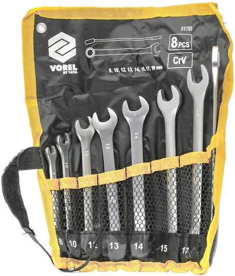 Vorel Flat Ring Wrench Set 8pcs 8-19mm Chrome Satin Finish In Case 51705