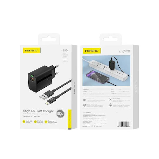 Foneng Φορτιστής με Θύρα USB-A και Καλώδιο Lightning 18W Quick Charge 3.0 Μαύρος (EU64)