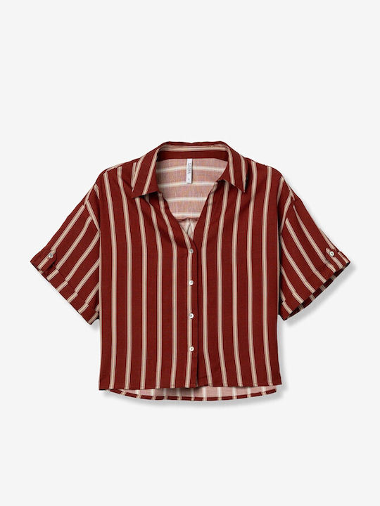 Short Sleeve Women's Linen Shirt Red Striped