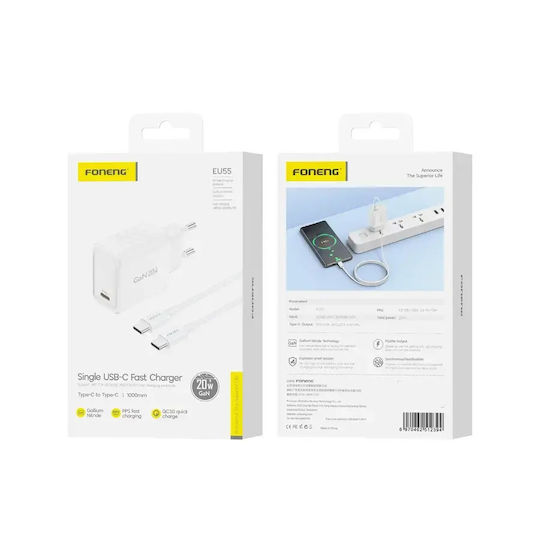 Foneng Φορτιστής GaN με Θύρα USB-C και Καλώδιο USB-C - USB-C 20W Power Delivery Λευκός (EU55)