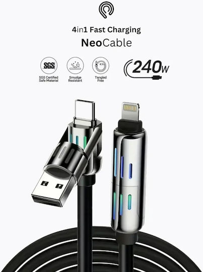 Hyperloq USB to Lightning / Type-C Cable Μαύρο 2m