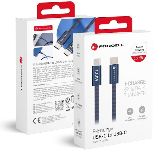 Forcell USB 2.0 Cable USB-C male - USB-C 100W Μπλε 1.2m