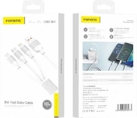 Foneng X80 Regular USB to Type-C / Lightning / micro USB Cable Λευκό 1.2m