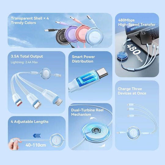 Vention Male Retractable USB to Type-C / Lightning Cable 3.5A Μπλε 1.1m TRJSBE