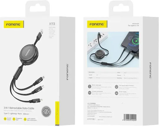 Foneng 3-in-1 Retractable Cable X113 Μετατροπέας USB-A male σε Lightning / USB-C / micro USB female 1τμχ