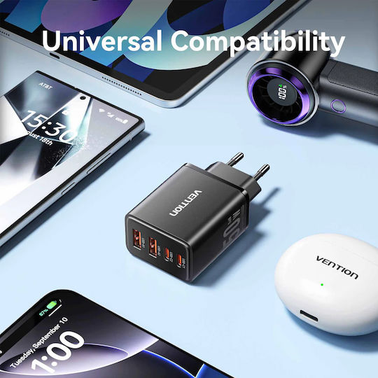 Vention Wireless GaN Charger With 2 USB-A Output Ports And 2 USB-C Output Ports 30W Power Delivery Black