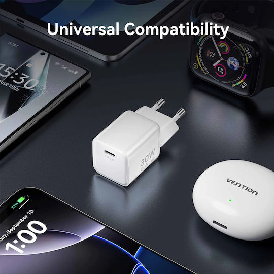 Vention Φορτιστής Χωρίς Καλώδιο GaN με Θύρα USB-C 30W Power Delivery Λευκός (FCIW0-EU)