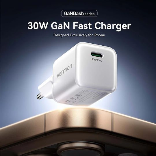 Vention Φορτιστής Χωρίς Καλώδιο GaN με Θύρα USB-C 30W Power Delivery Λευκός (FCIW0-EU)