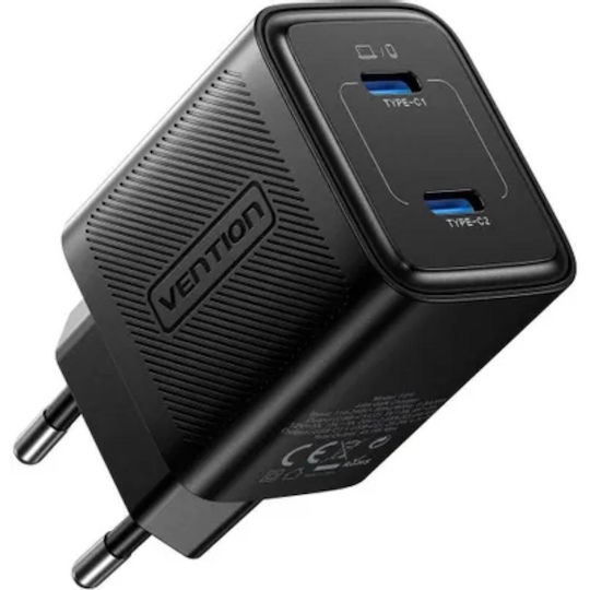 Vention Φορτιστής Χωρίς Καλώδιο GaN με 2 Θύρες USB-C 45W Power Delivery Μαύρος (FEFB0-EU)