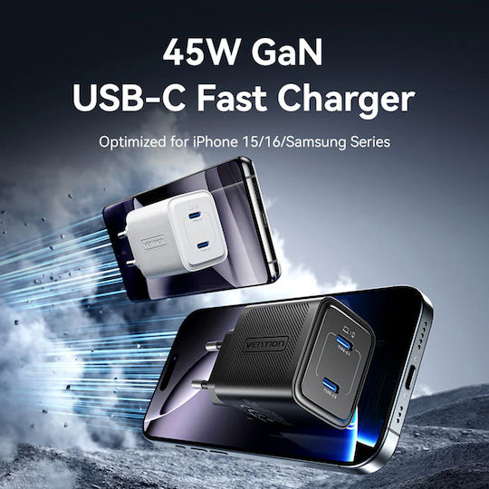 Vention Φορτιστής Χωρίς Καλώδιο GaN με 2 Θύρες USB-C 45W Power Delivery Μαύρος (FEFB0-EU)