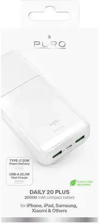 Puro Daily 20 Plus Power Bank 20000mAh 22.5W με 2 Θύρες USB-A και Θύρα USB-C Power Delivery Λευκό