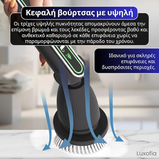 Perie Electrică Rotativă pentru Curățare Bucătărie Baie Podele Ferestre Mașină 7 Capete 120 Minute Durată Baterie 330 Rpm 2 Viteze Mâner Extensibil 138 Cm Reîncărcabilă Usb Aluminiu Negru