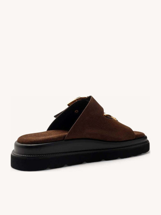 Sandale Casual Damă Maro De Piele Flatforme Slides Cu Două Curele