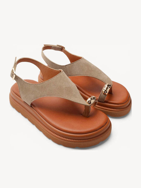 Beige Leder Flatforms Gold Detail Am Zeh