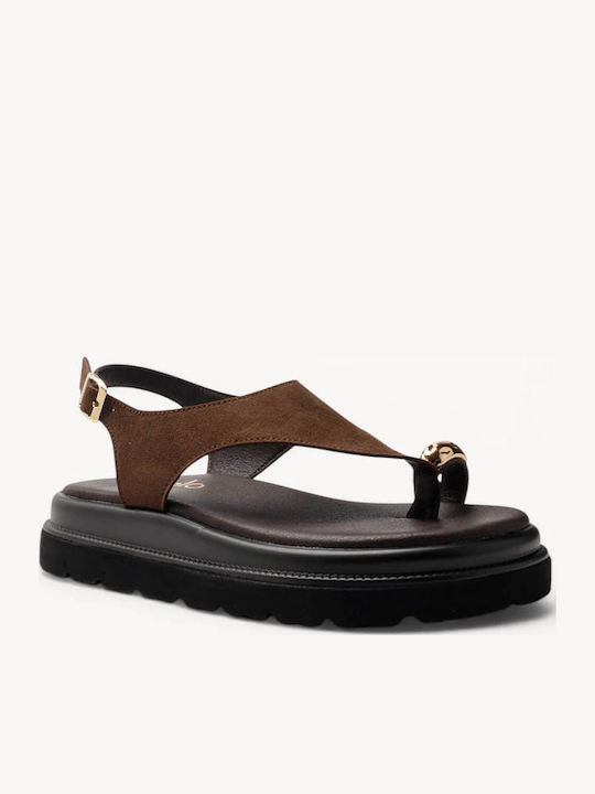Καφέ Δερμάτινα Flatforms Χρυσό Detail Στο Δάχτυλο