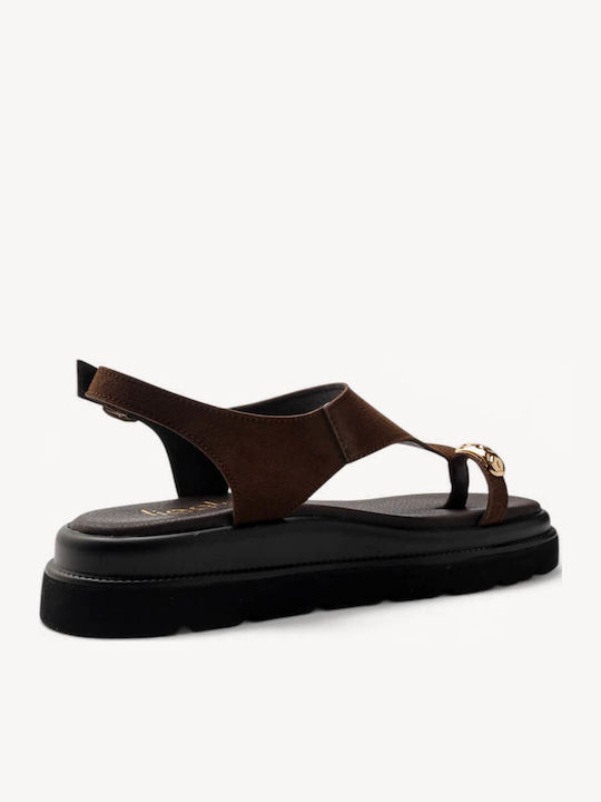 Καφέ Δερμάτινα Flatforms Χρυσό Detail Στο Δάχτυλο