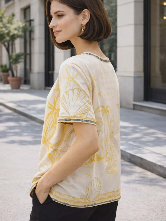 Women's Summer Linen Blouse with V-Neckline Gold