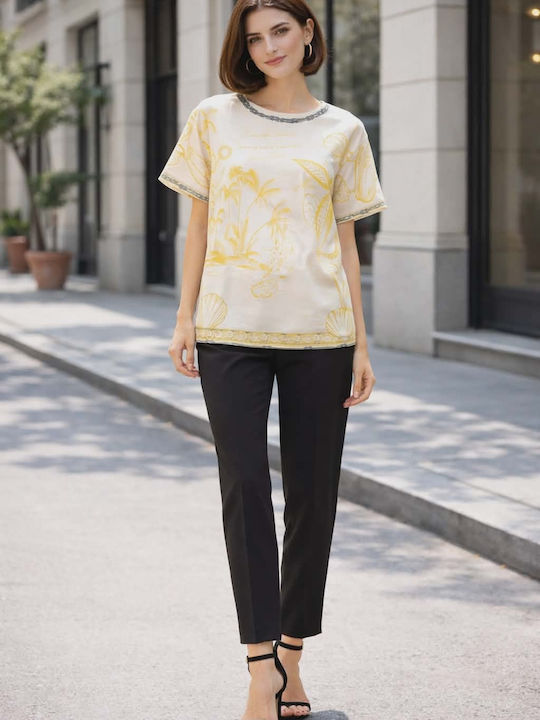Women's Summer Linen Blouse with V-Neckline Gold