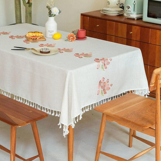 FRIPIA Linen Tablecloth With Pink Embroidery 140x250cm FRIPIA Linen Tablecloth With Pink Embroidery 140x250cm