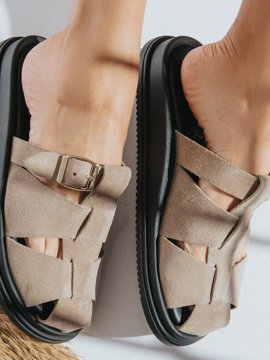 Leather Women's Flat Sandals Flatforms Brown