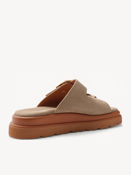 Μπεζ Δερμάτινα Flatform Slides Διπλά Λουράκια