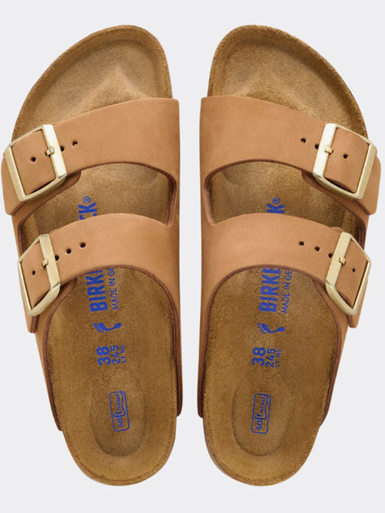Soft Footbed Leather Women's Flat Sandals Tabac Brown Narrow Fit