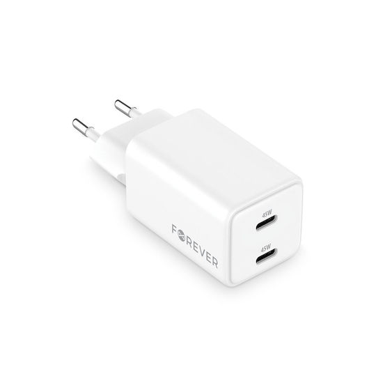 Forever Φορτιστής Χωρίς Καλώδιο GaN με 2 Θύρες USB-C 45W Power Delivery Λευκός (TC-08-45CC)
