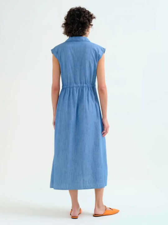 Summer Midi Shirt Dress Denim Blue