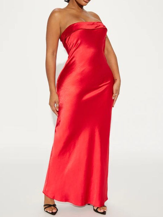 Summer Midi Evening Strapless Satin Red Dress