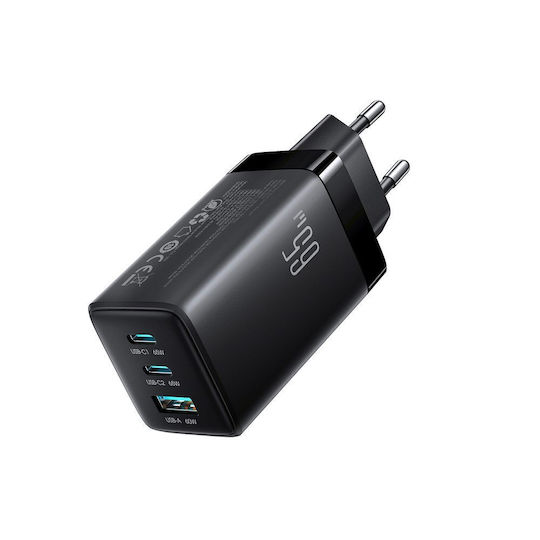 Joyroom Φορτιστής GaN με Θύρα USB-A και 2 Θύρες USB-C και Καλώδιο USB-C - USB-C 65W Μαύρος (JR-TG10)