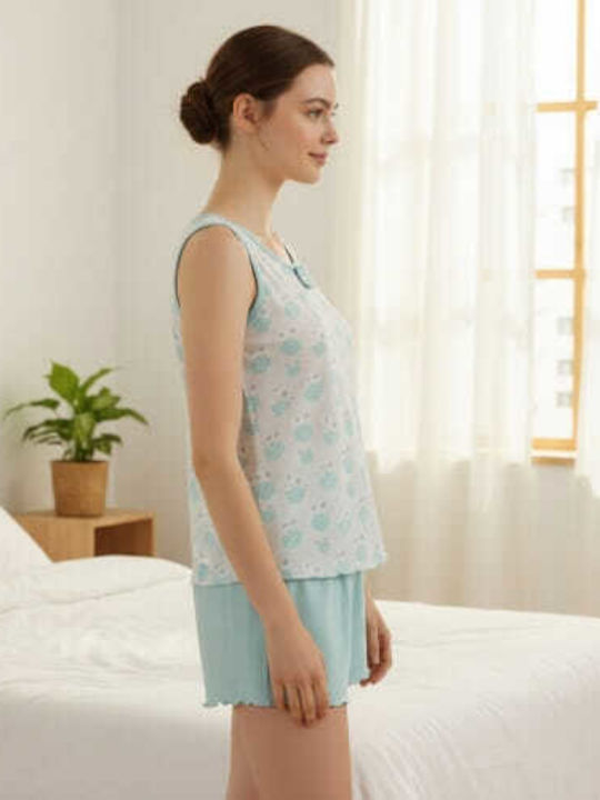 Prive Underwear Sommerliches Damen-Schlafanzug-Set Baumwolle Türkis