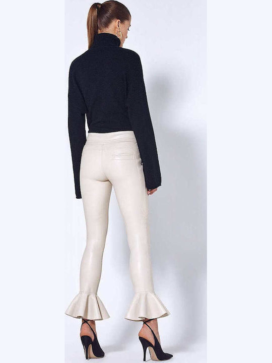 Women's High Rise Leather Trousers in Skinny Fit Ecru
