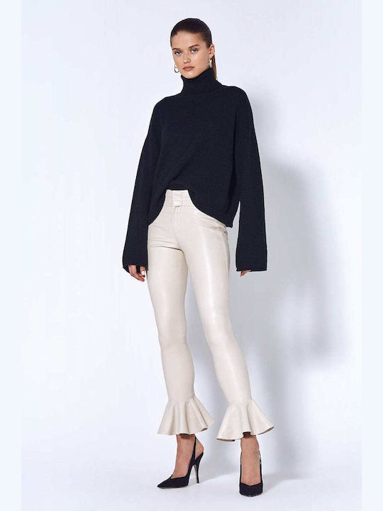 Women's High Rise Leather Trousers in Skinny Fit Ecru