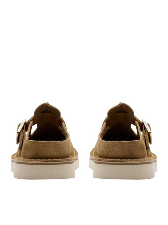 Leather Mules with Heel in Beige Colour