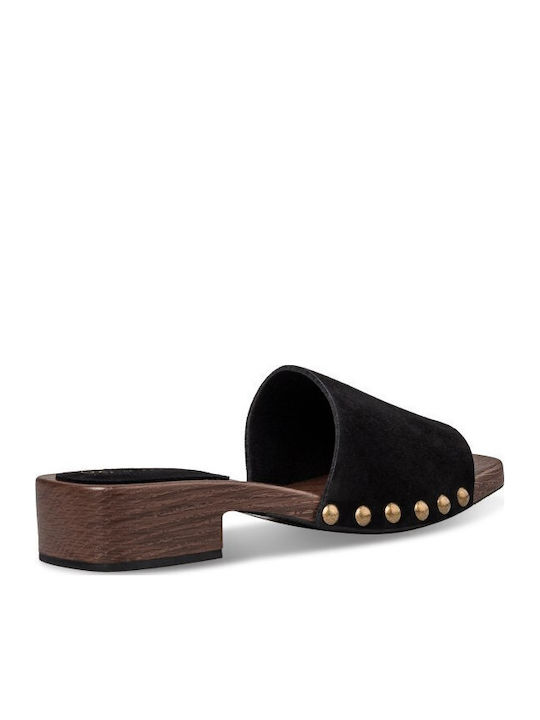 Suede Mules με Χοντρό Χαμηλό Τακούνι σε Μαύρο Χρώμα