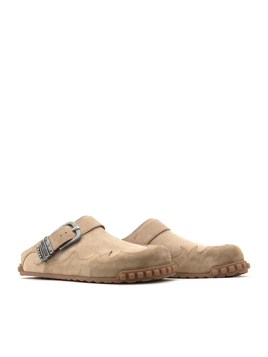 Texas 01 Combo A Suede Mules with High Heel in Beige Colour