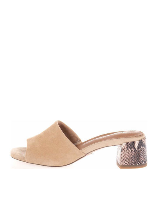 Leather Mules with Low Heel in Tabac Brown Colour