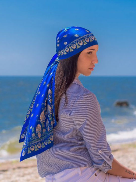 Kalfas Luxury Silk Ολομέταξη Μαντήλα Γυναικείο Μεταξωτό Φουλάρι Μπλε