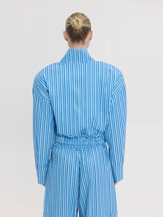 Jachetă Crop de Damă din Denim Albastru Deschis în Dungi